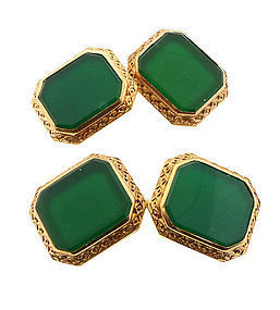 Art Deco Krementz 14K Gold & Green Chalcedony Cufflinks