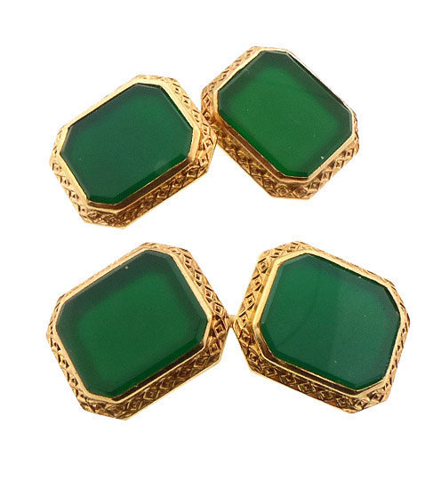 Art Deco Krementz 14K Gold &amp; Green Chalcedony Cufflinks