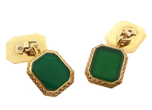 Art Deco Krementz 14K Gold &amp; Green Chalcedony Cufflinks