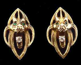 Art Nouveau 14K Gold Diamond Emerald Gargoyle Cufflinks