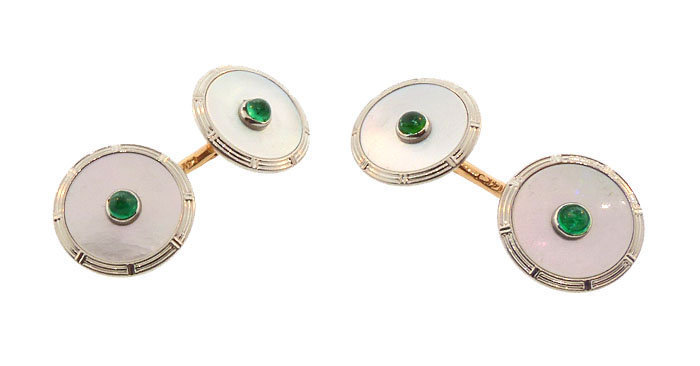 Krementz 14K Platinum Emerald Mother of Pearl Cufflinks