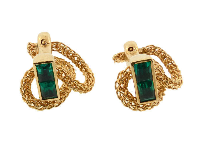 Retro 14K Gold &amp; Emerald Chain Cufflinks