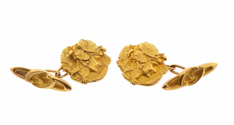 L Rault 18K Gold French Art Nouveau Medallist Cufflinks