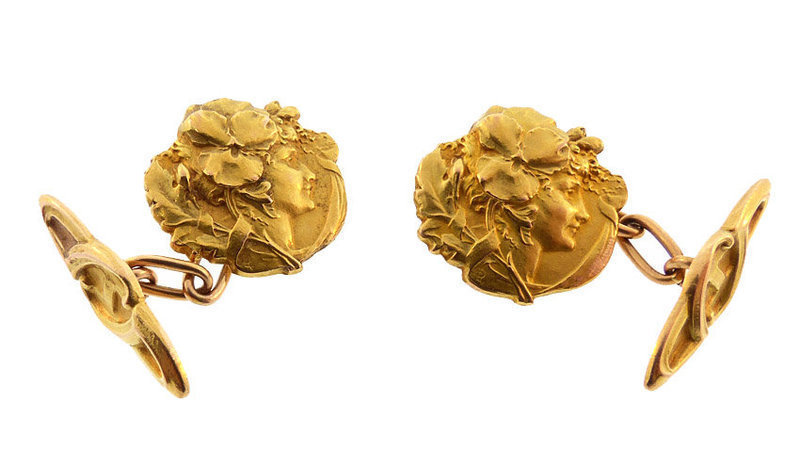 L Rault 18K Gold French Art Nouveau Medallist Cufflinks