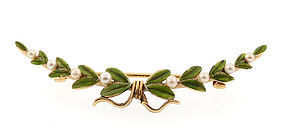 Art Nouveau 14K Gold Enamel & Pearl Laurel Crescent Pin