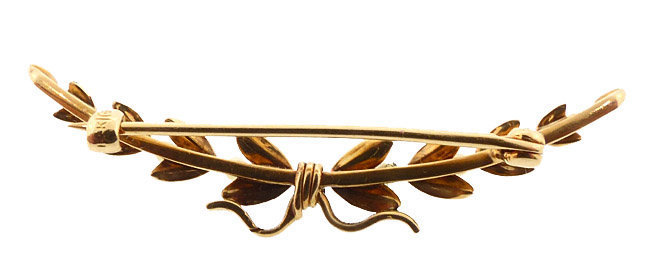 Art Nouveau 14K Gold Enamel &amp; Pearl Laurel Crescent Pin
