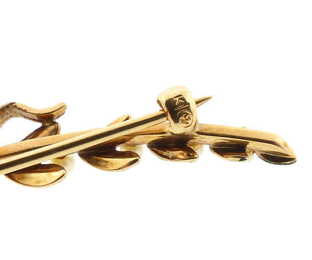 Art Nouveau 14K Gold Enamel &amp; Pearl Laurel Crescent Pin