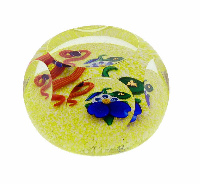 Charles Kaziun Jr. Pansy &amp; Snake Glass Paperweight