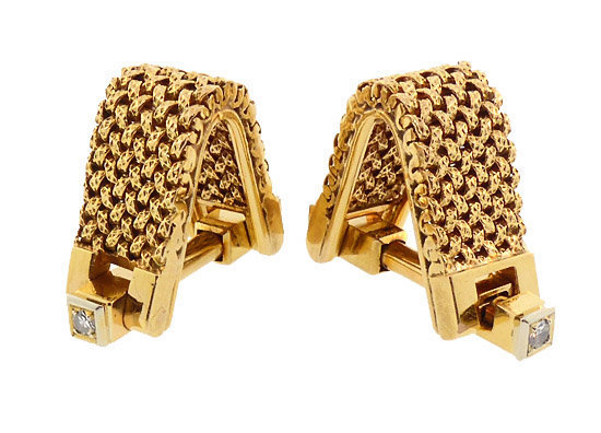 French 18K Gold Mesh &amp; Diamond Stirrup Cufflinks