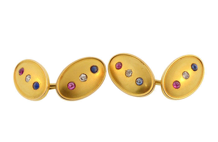 Patriotic Victorian 14K Gold, Diamond, Ruby &amp; Sapphire Cufflinks