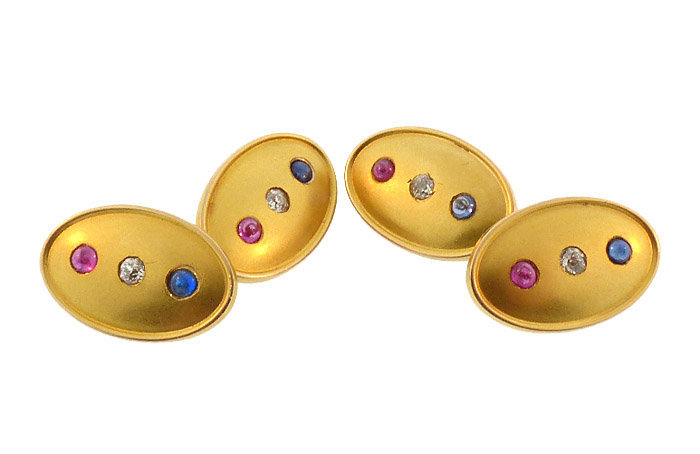 Patriotic Victorian 14K Gold, Diamond, Ruby &amp; Sapphire Cufflinks