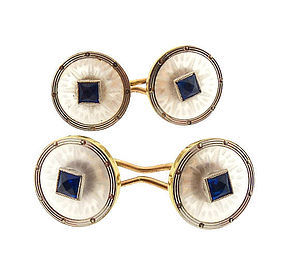 Edwardian Krementz Rock Crystal Sapphire 14K Gold Cufflinks