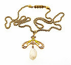 Art Nouveau 14K Gold, Enamel & Pearl Pendant Necklace