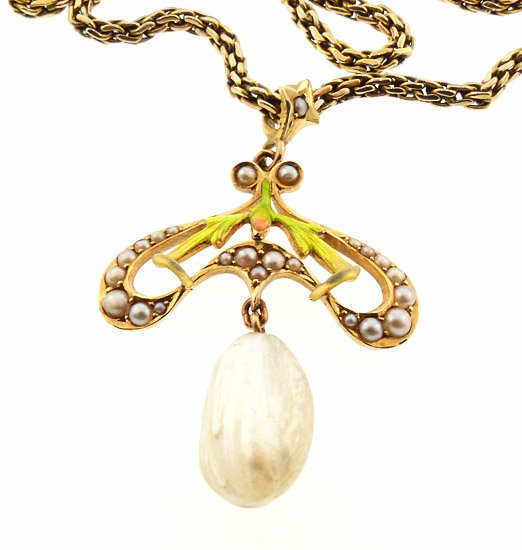 Art Nouveau 14K Gold, Enamel &amp; Pearl Pendant Necklace