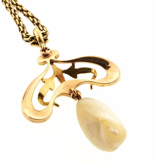Art Nouveau 14K Gold, Enamel &amp; Pearl Pendant Necklace