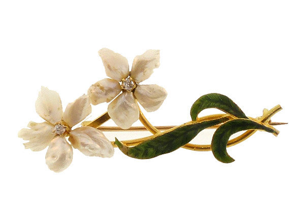 Art Nouveau 14K Gold, Enamel, Diamond & Pearl Flower Pin