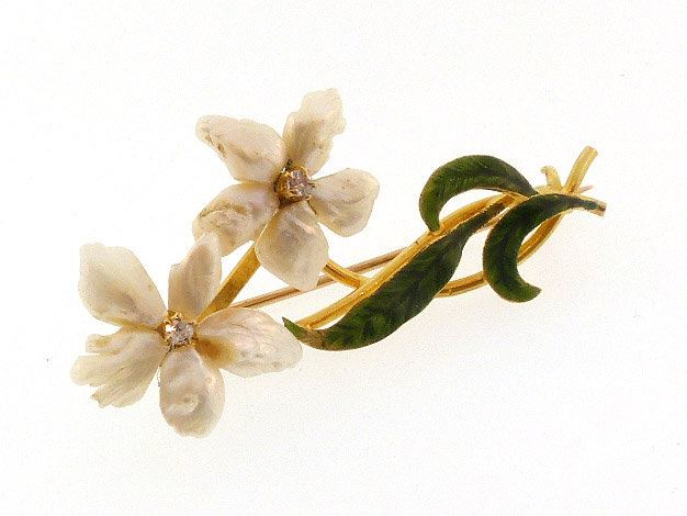 Art Nouveau 14K Gold, Enamel, Diamond &amp; Pearl Flower Pin