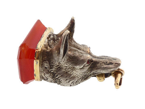 French Victorian Silver, 18K Gold, Carnelian, Ruby Wolf Fob Seal