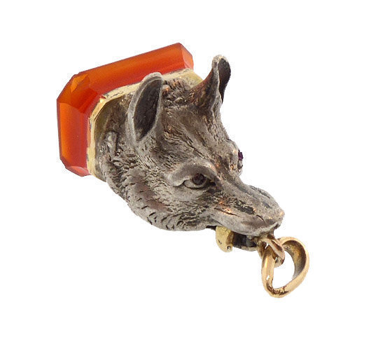 French Victorian Silver, 18K Gold, Carnelian, Ruby Wolf Fob Seal