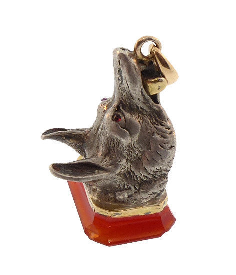 French Victorian Silver, 18K Gold, Carnelian, Ruby Wolf Fob Seal