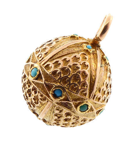 Victorian Etruscan Revival 18K Gold & Turquoise Ball Locket