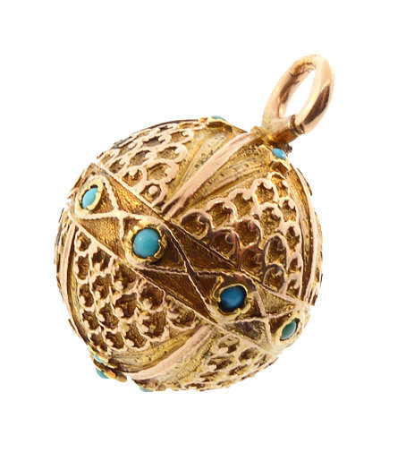 Victorian Etruscan Revival 18K Gold &amp; Turquoise Ball Locket