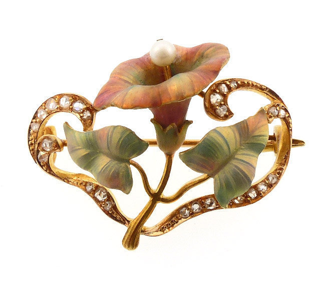 Victorian Art Nouveau 18K Gold Enamel Diamond Pearl Flower Brooch
