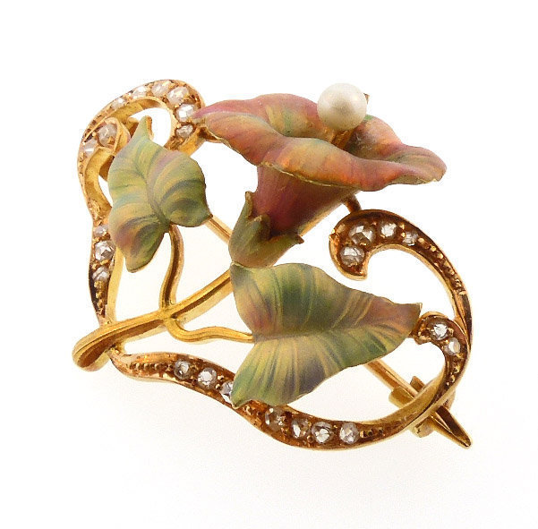 Victorian Art Nouveau 18K Gold Enamel Diamond Pearl Flower Brooch