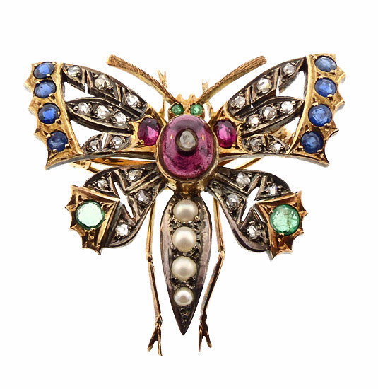 Victorian 14K Gold Ruby Emerald Sapphire Diamond Butterfly Brooch
