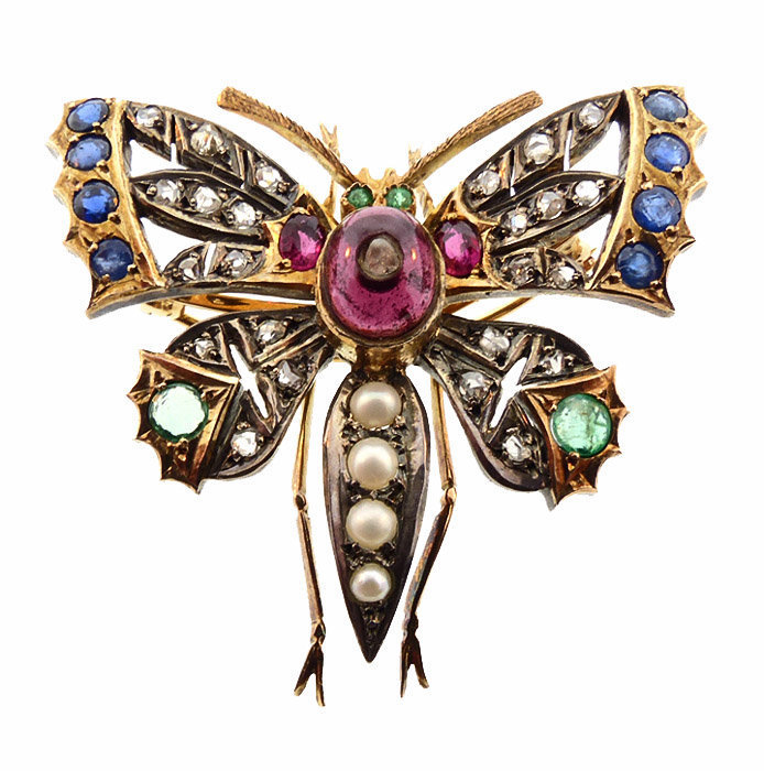 Victorian 14K Gold Ruby Emerald Sapphire Diamond Butterfly Brooch