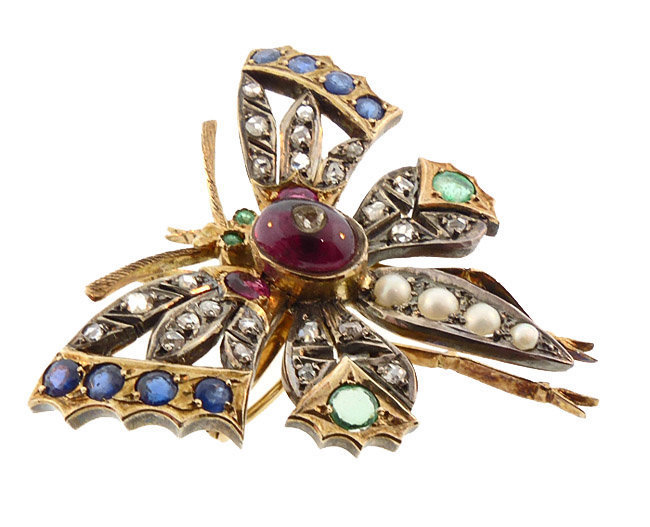 Victorian 14K Gold Ruby Emerald Sapphire Diamond Butterfly Brooch