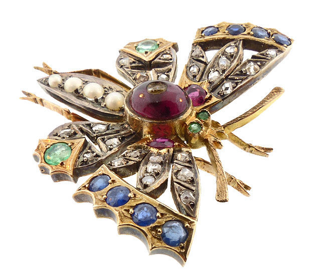 Victorian 14K Gold Ruby Emerald Sapphire Diamond Butterfly Brooch