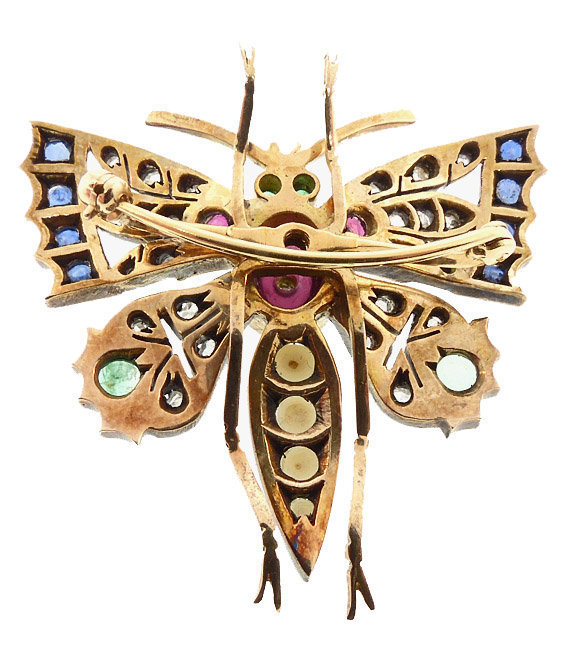 Victorian 14K Gold Ruby Emerald Sapphire Diamond Butterfly Brooch