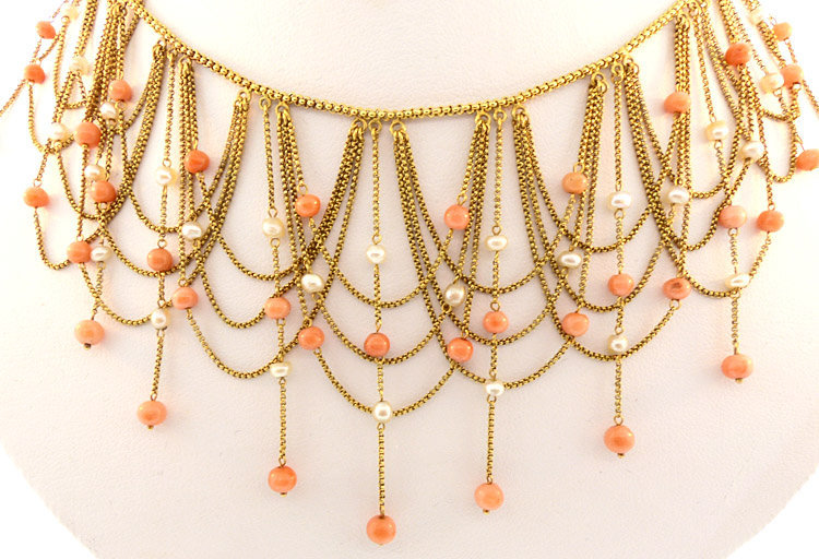Victorian Pallotti Venetian 18K Gold Pearl Coral Festoon Necklace