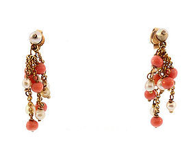 Art Deco 12K Gold, Coral & Pearl Tassel Earrings