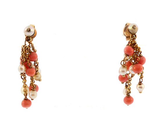 Art Deco 12K Gold, Coral & Pearl Tassel Earrings