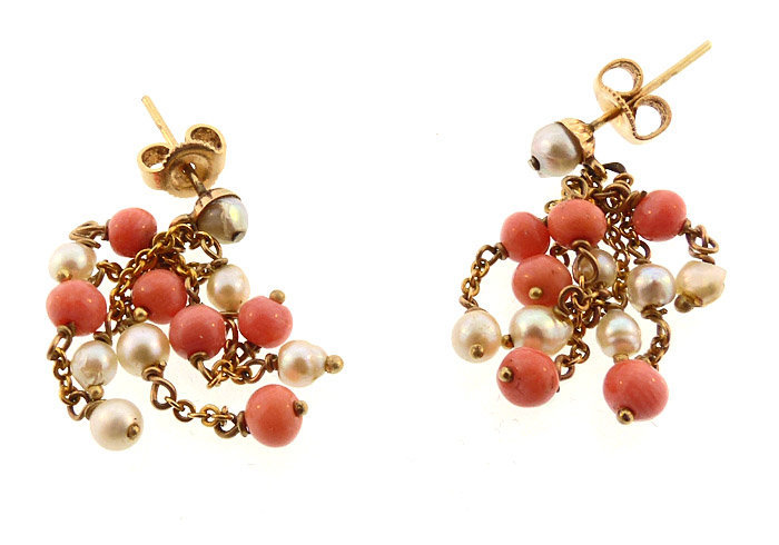 Art Deco 12K Gold, Coral &amp; Pearl Tassel Earrings