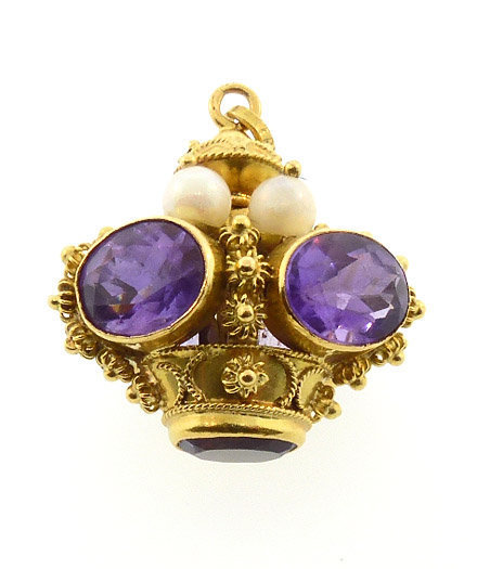 Venetian Etruscan Revival 18K Gold Amethyst &amp; Pearl Crown Fob Pendant
