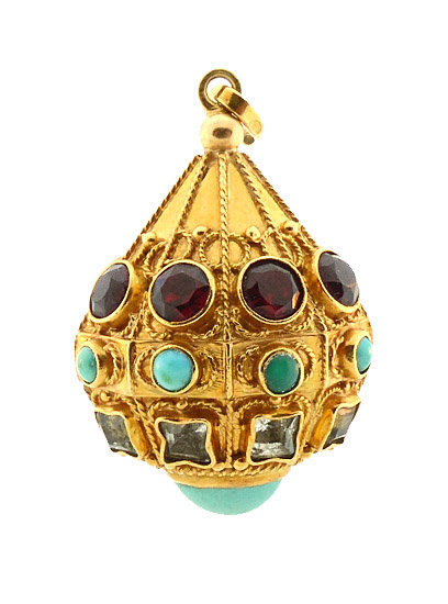 Venetian Etruscan 18K Gold, Turquoise, Garnet &amp; Aquamarine Fob Charm