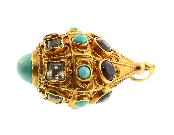 Venetian Etruscan 18K Gold, Turquoise, Garnet &amp; Aquamarine Fob Charm