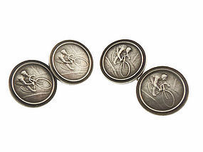 Art Nouveau Silver Bicycle Racing Medallion Cufflinks