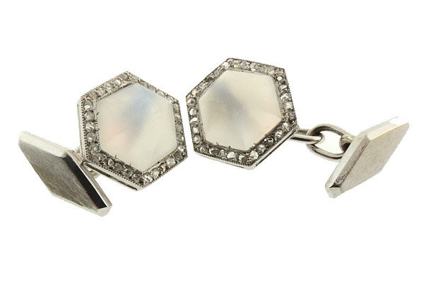 French Art Deco Platinum Moonstone &amp; Diamond Cufflinks