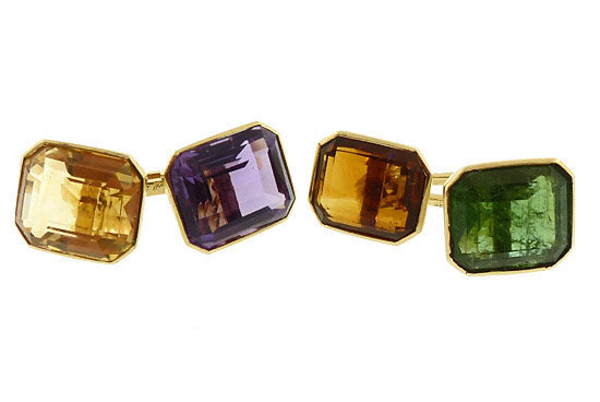 Art Deco 14K Gold, Amethyst, Citrine &amp; Tourmaline Cufflinks