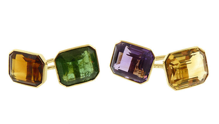 Art Deco 14K Gold, Amethyst, Citrine &amp; Tourmaline Cufflinks