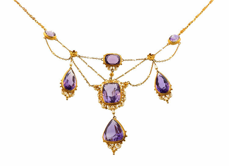 Victorian 14K Gold Filigree, Amethyst & Seed Pearl Festoon Necklace