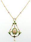 Art Nouveau 14K Gold, Opal, Enamel & Natural Pearl Necklace