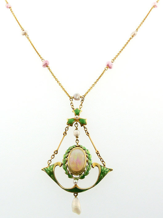 Art Nouveau 14K Gold, Opal, Enamel &amp; Natural Pearl Necklace