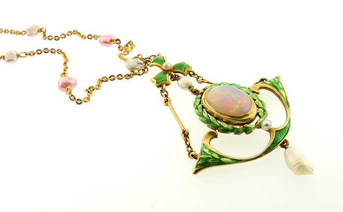 Art Nouveau 14K Gold, Opal, Enamel &amp; Natural Pearl Necklace