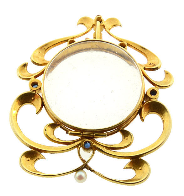 Art Nouveau 15K Gold, Sapphire, Pearl &amp; Crystal Locket
