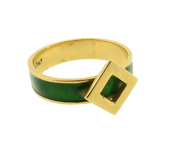 Gucci 18K Gold &amp; Kelly Green Enamel Buckle Ring